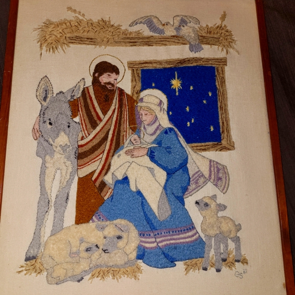 Mary and Joseph with Jesus baby needlepoint very well done